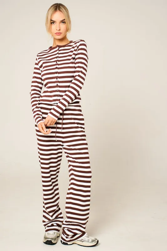 Contrast Striped Molly Button Top and Wide Leg Trousers - Femme Luxe