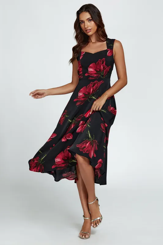 Floral Print Heart Neck Midi Dress In Black - FS Collection
