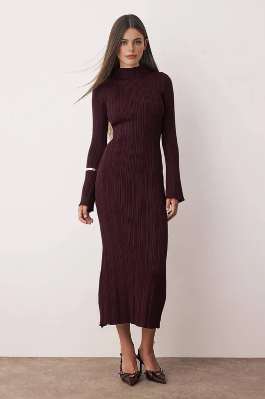 Ribbed Knit High Neck Long Sleeve Bodycon Maxi Dress - WOVCOR