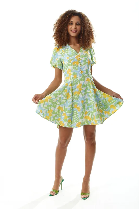 Yellow Floral Button up Summer Dress - Liquorish