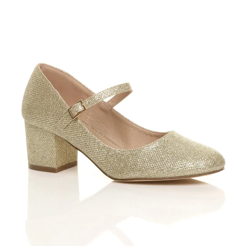 Mid Block Heel Mary Jane Glitter Court Shoes - AJVANI
