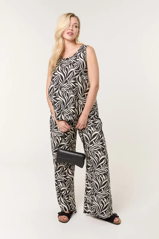Black Leaf Print Vest and Trouser Set - Blue Vanilla