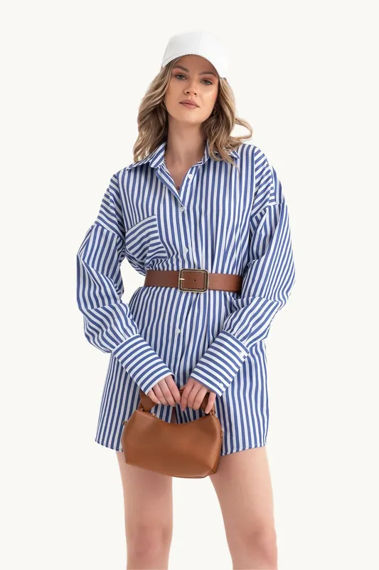 Striped Long Sleeve Mini Oversized Shirt Dress - Hiccup