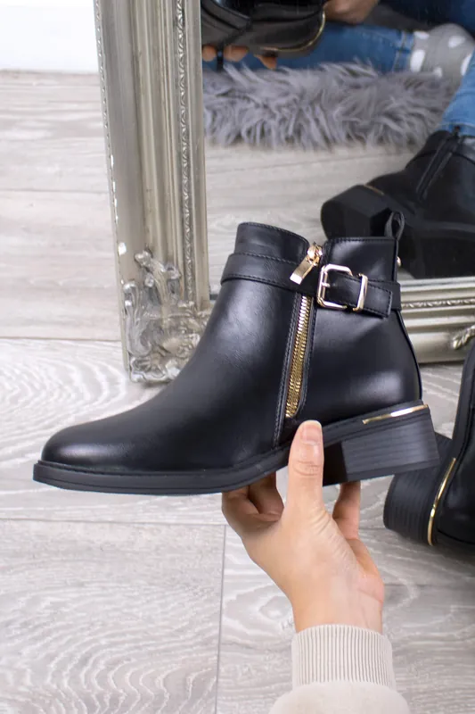 Gold Zip Straps Ankle Boots - AJVANI