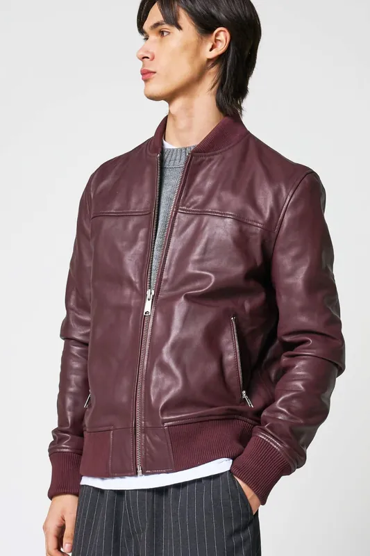 Burgundy Real Leather Bomber Jacket - Barneys Originals
