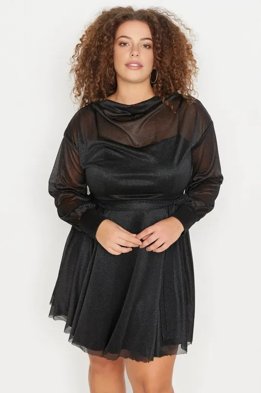 Cowl Neck Glitter Mesh Skater Mini Dress - WOVCOR