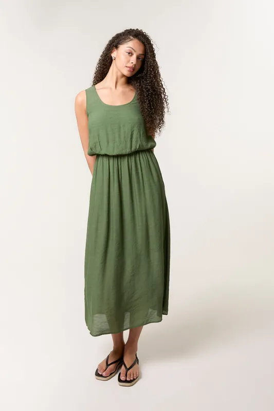 Khaki Plain Puff Ball Midi Dress - Blue Vanilla
