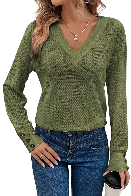 Jungle Green Textured Knit V Neck Button Cuffs Long Sleeve Top - Everyday The Label
