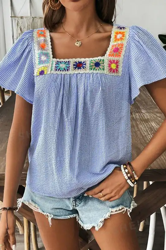Square Neck Crochet Detail Blouse - Everyday The Label