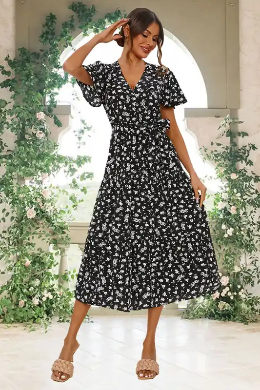 White Floral Print Hem Tiered Wrap Midi Dress In Black - FS Collection