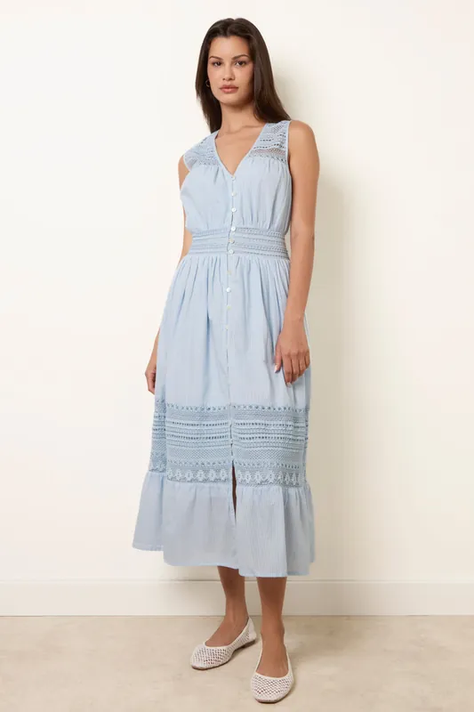 Blue Crochet Insert Button Midi Dress - Blue Vanilla