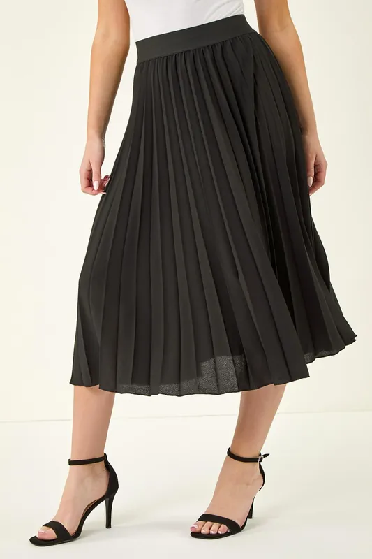 Petite Pleated Elastic Waist Midi Skirt - Roman