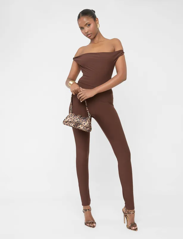 Twist Back Detail Off The Shoulder Luxe Slinky Jumpsuit Brown - Public Desire