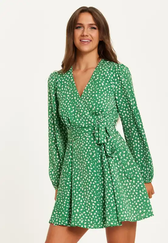 Animal Print Mini Wrap Dress With Long Sleeves In Green - Liquorish