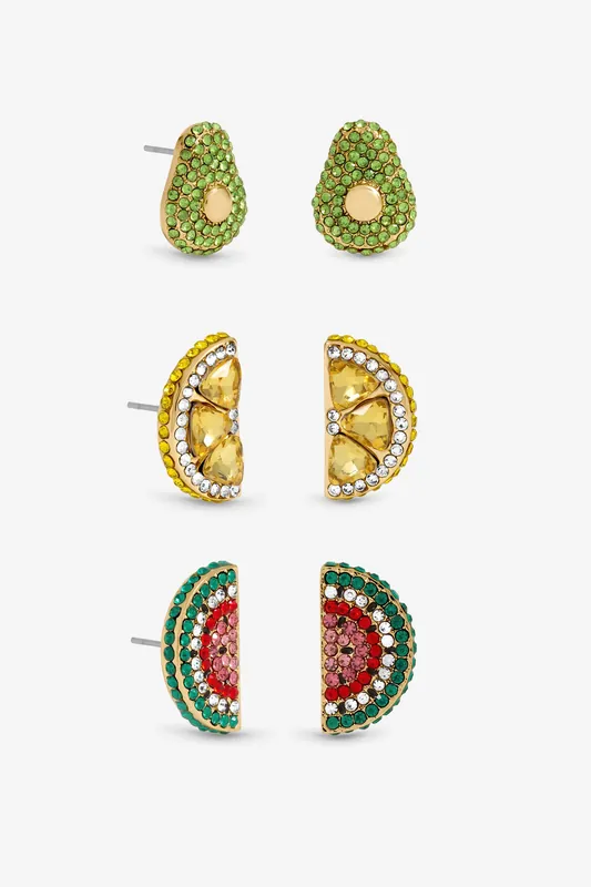 Gold Plated and Crystal Fruit Earrings - Pack of 3