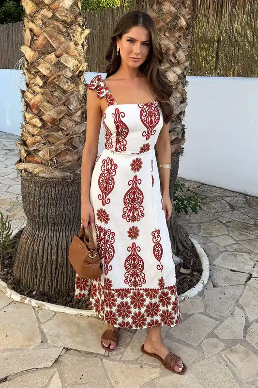 Red And White Floral Border Print Tie Strap Midi Dress - AX Paris