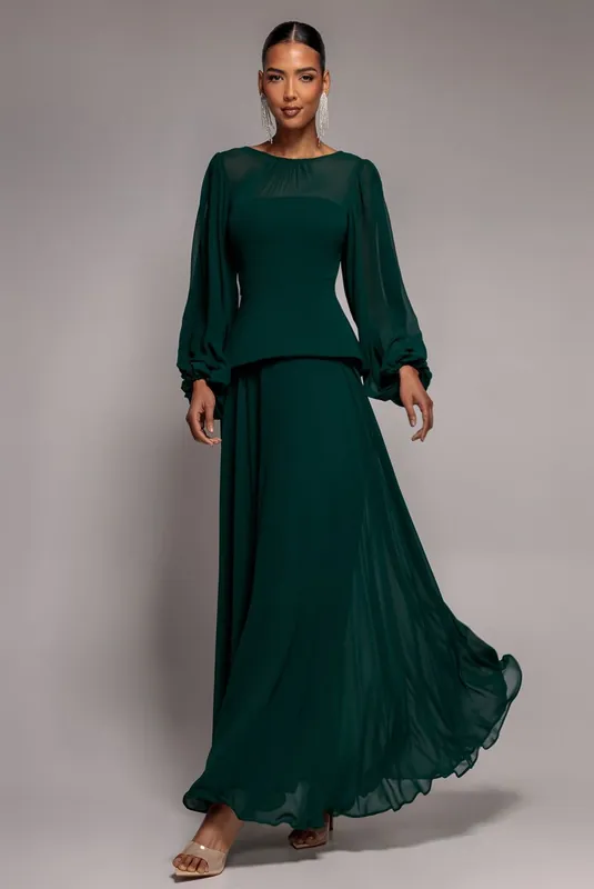 Bishop Sleeve Peplum Top Scuba Crepe And Chiffon Maxi Dress - Goddiva