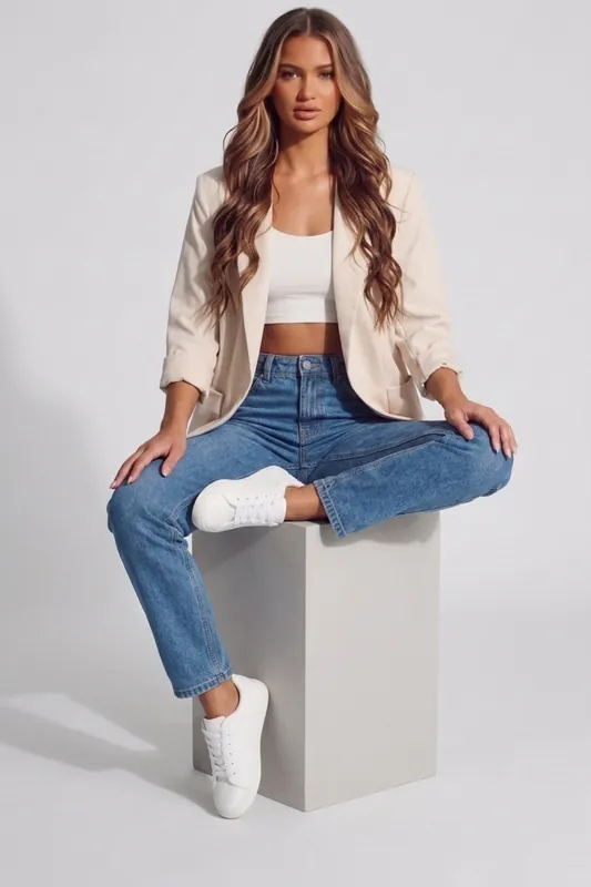Beige Tailored Open Front Blazer- Roman