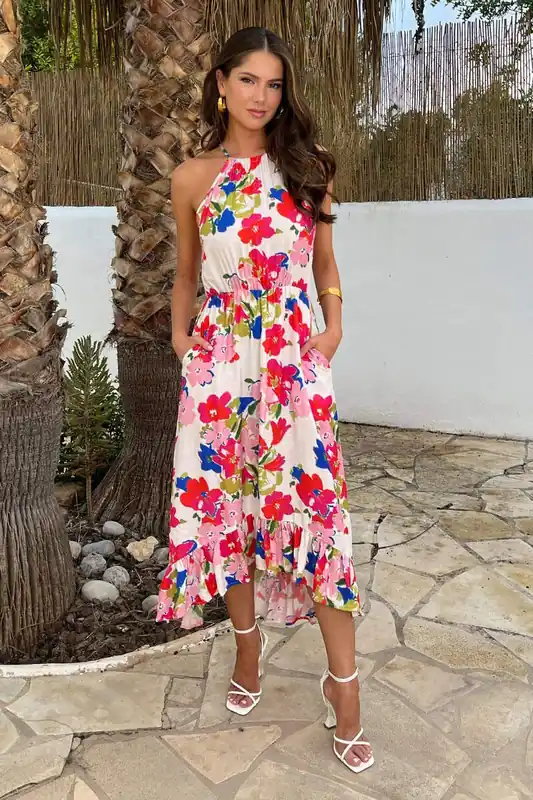 Multi Floral Print Racer Neck Frill Hem Midi Dress - AX Paris