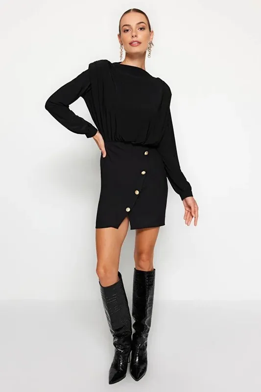 Gold Button Draped Mini Woven Dress with Padded Shoulders - WOVCOR