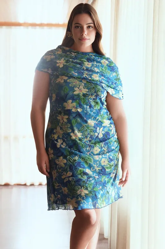 Floral Print Draped Crew Neck Mini Dress - WOVCOR