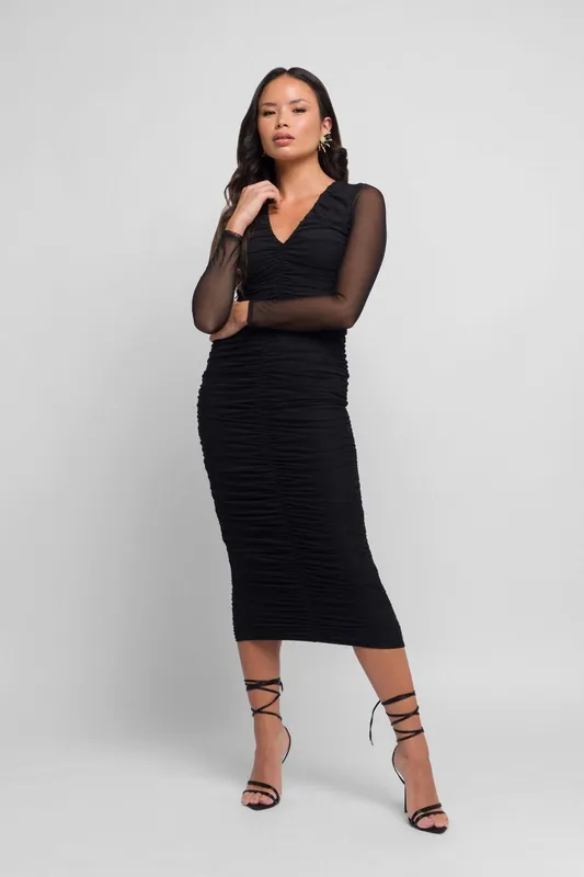 Taji Midaxi Dress with Ruching and mesh sleeves - Jaded Rose