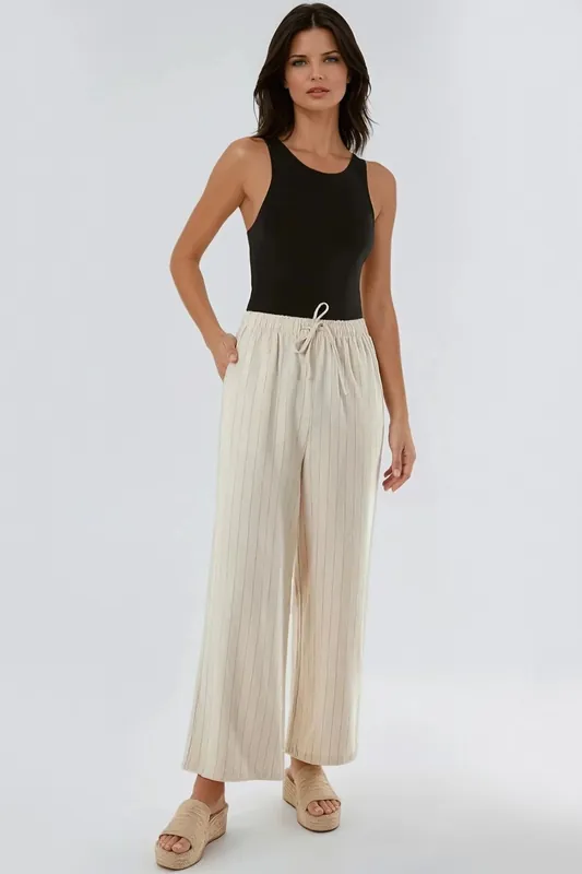 Linen Blend Pin Striped Wide Leg Trousers - Aftershock London