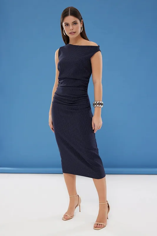 Ribbed Striped Bodycon Midi Dress - WOVCOR