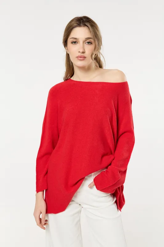 Red Off Shoulder Relaxed Knit Jumper - Liquorish