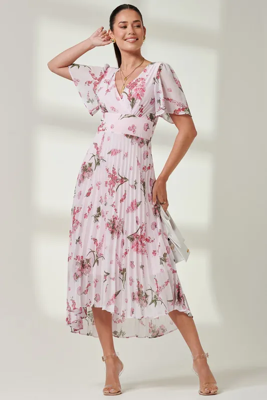 Floral Pleated Chiffon Dip Hem Dress - Jolie Moi