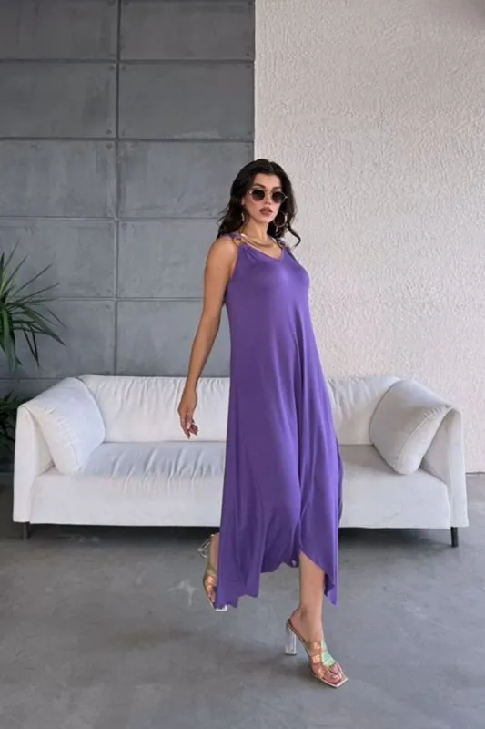 Asymmetric V-Neck Sleeveless Midi Dress