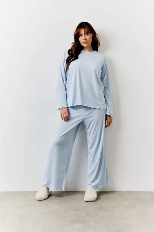 Blue Lettuce Hem Slogan Long Sleeve Top and Trouser Pj Set - In The Style