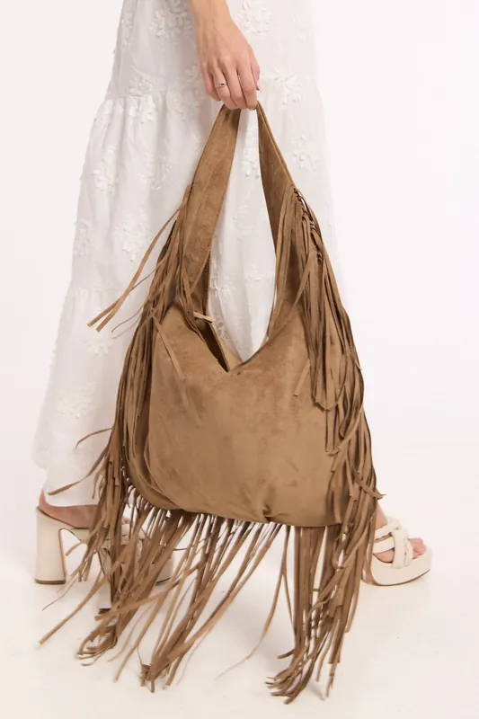 Camel Fringe Faux Suede Shoulder Bag - Liquorish