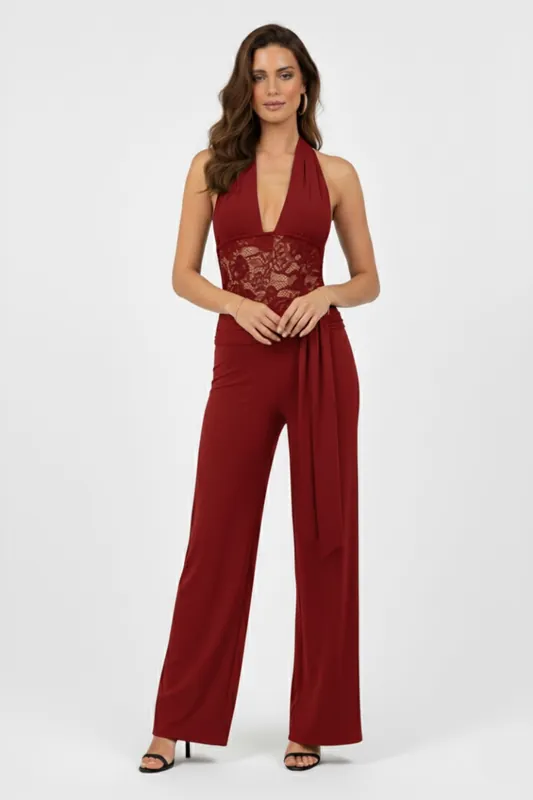 Lace-Panel Wide-Leg Jumpsuit with Drape Detail