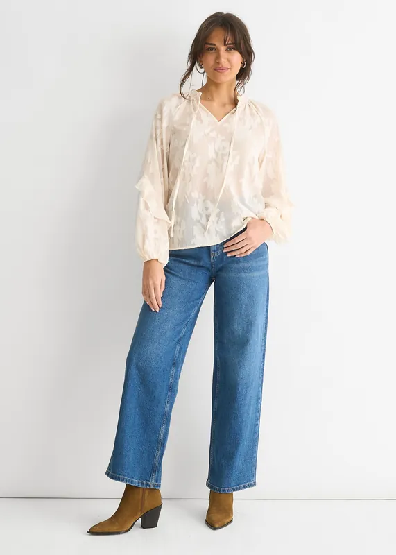 Cream Jacquard Floral Long Sleeve Blouse - Gini London