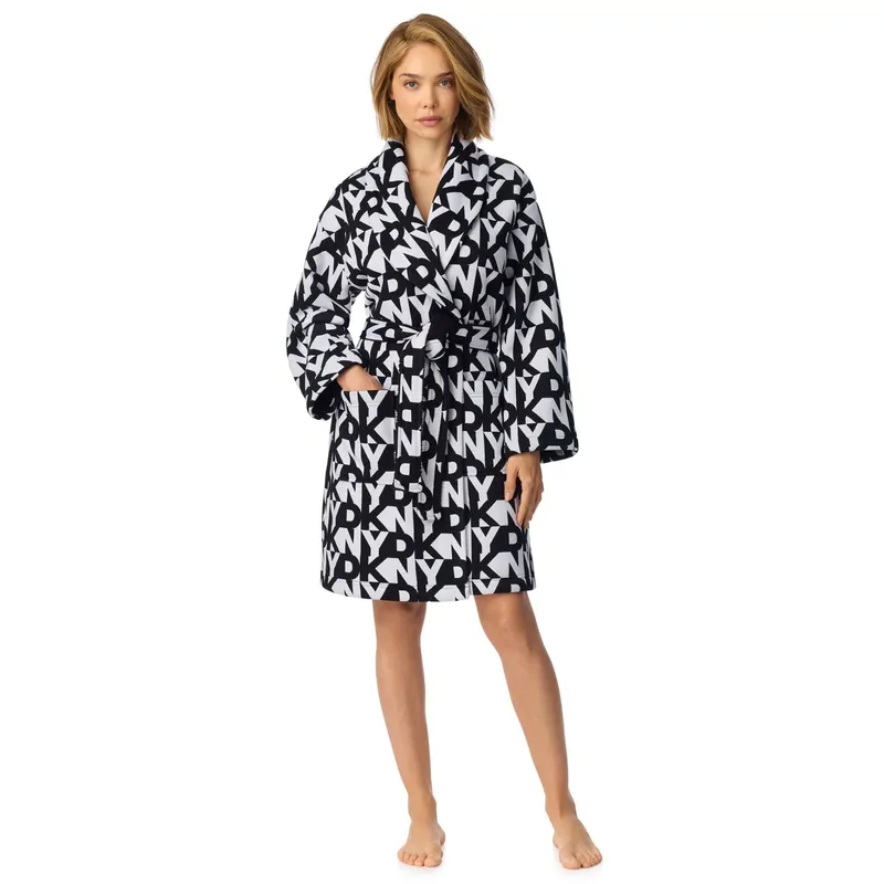 96.5cm Long Sleeve Shawl Collar Robe in Black Logo Bonded Sherpa - DKNY