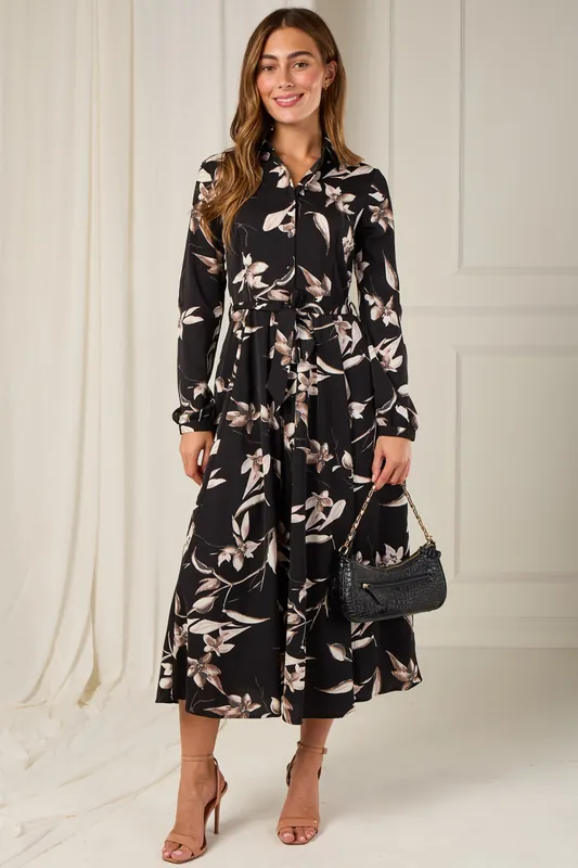 Black and Taupe Orchid Print Maxi Shirt Dress - Love Sunshine
