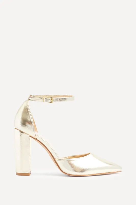 Mara Gold Faux Leather Block Heeled Court Shoe - Linzi