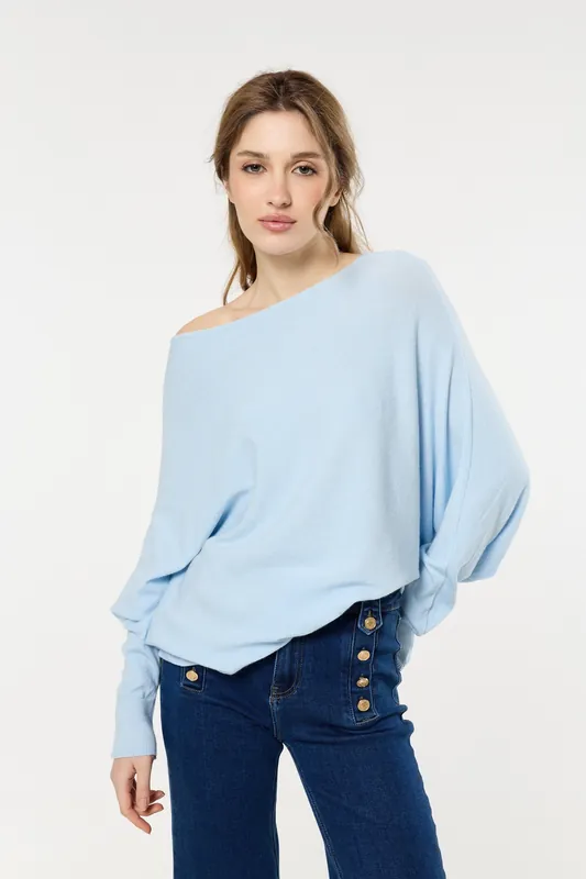 Blue Wool Blend Off Shoulder Batwing Knit Jumper - Liquorish