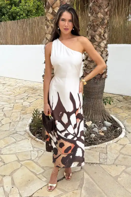 Cream Butterfly Print One Shoulder Twist Back Midi Dress - AX Paris