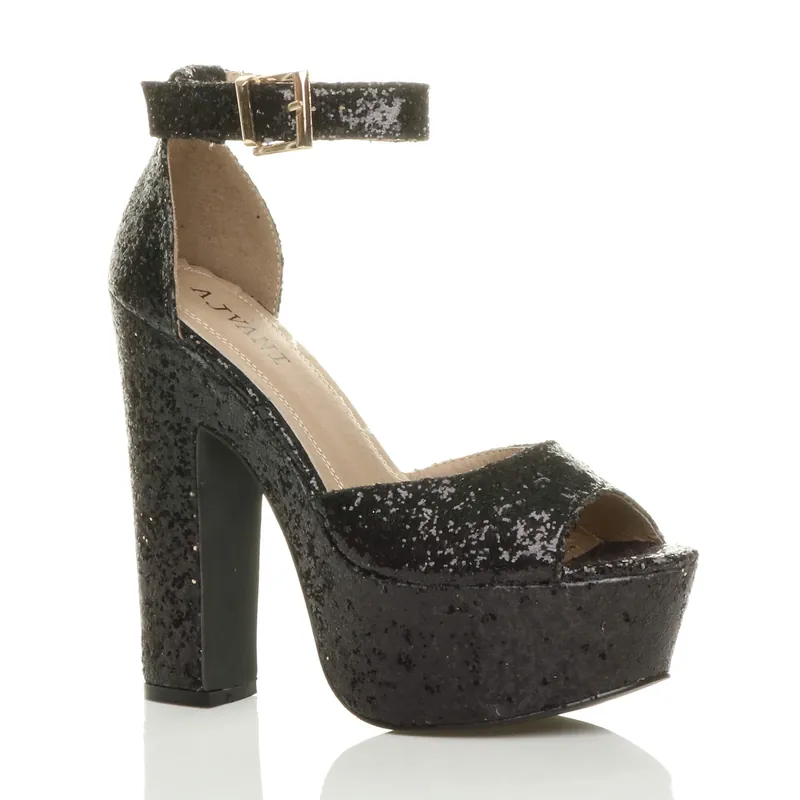 High Block Heel Ankle Strap Peep Toe Glitter 2 Part Heels - AJVANI