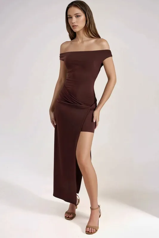 Off Shoulder Slit Detailed Maxi Dress - Hiccup