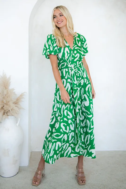 Green Animal Tie Front Midi Dress - Needs No Label