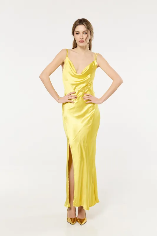 Yellow Satin Slip Cowl Neck Maxi Dress - Liquorish
