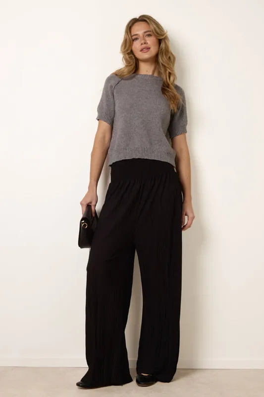 Black Shirred Waist Pleated Wide Leg Trousers - Blue Vanilla