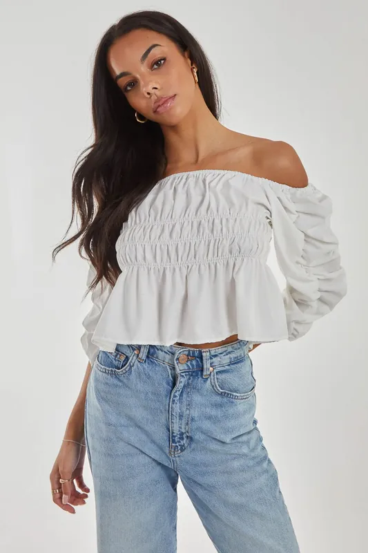 Shirred Detail Puff Sleeve Crop Top - Pink Vanilla