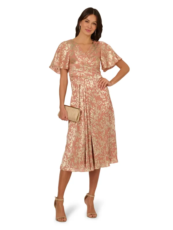 Foil Leaf Draped Midi Dress - Adrianna Papell