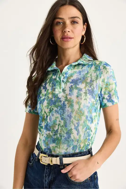 Flowery Polo Shirt Blouse - Bianco Lucci