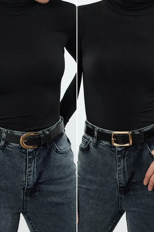 Double Pack Gold Horseshoe Buckle Wide Faux Leather Belt - WOVCOR