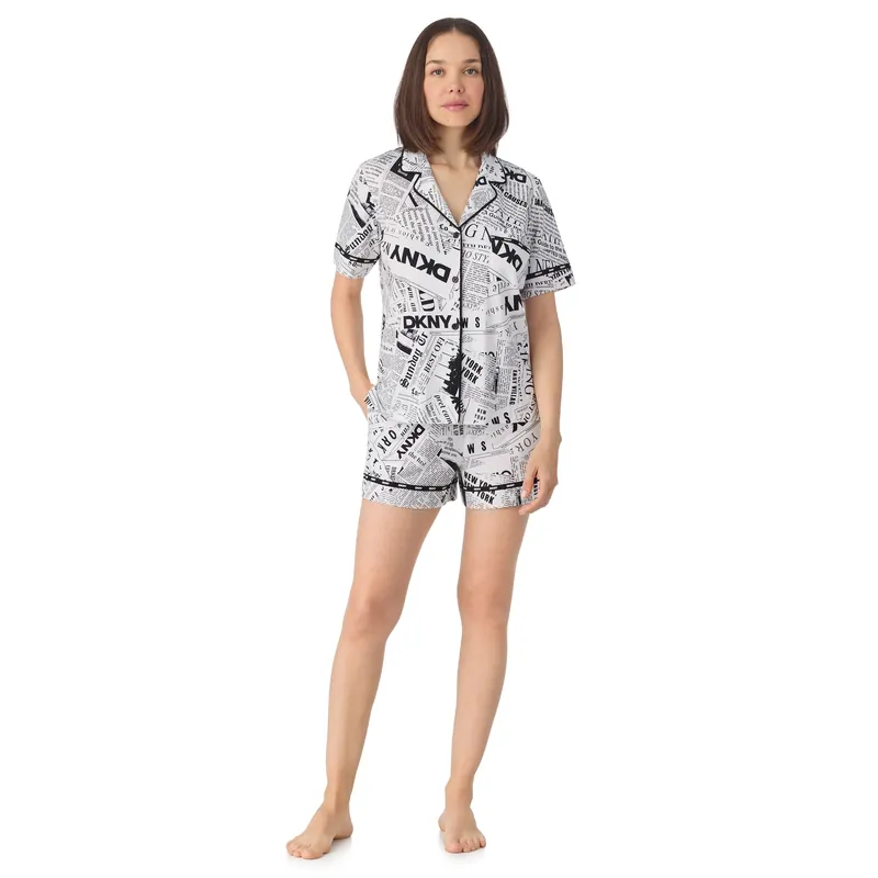 Short sleeve notch collar and boxer set in white newspaper - DKNY